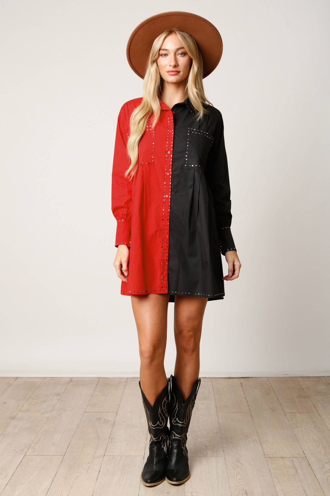 Color Block Rhinestone Shirt Dress