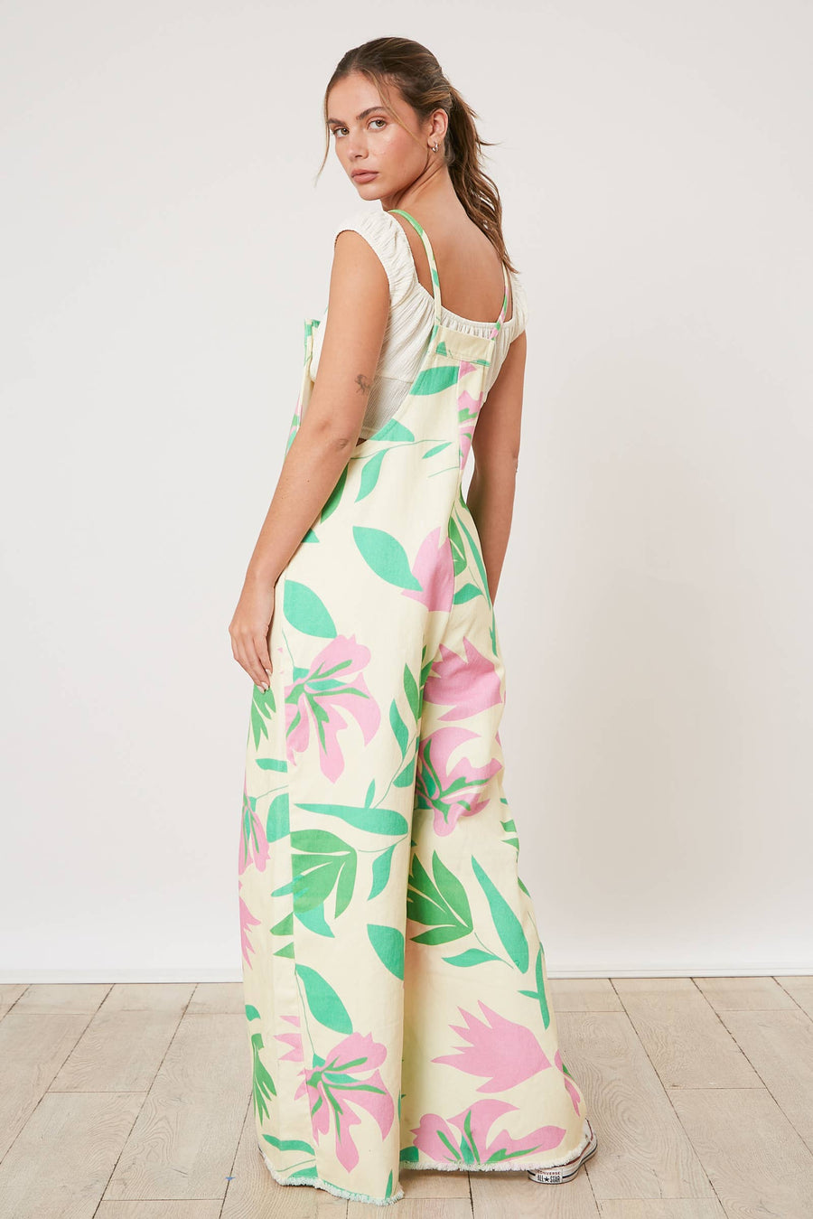 Tropical Print Denim Jumpsuit