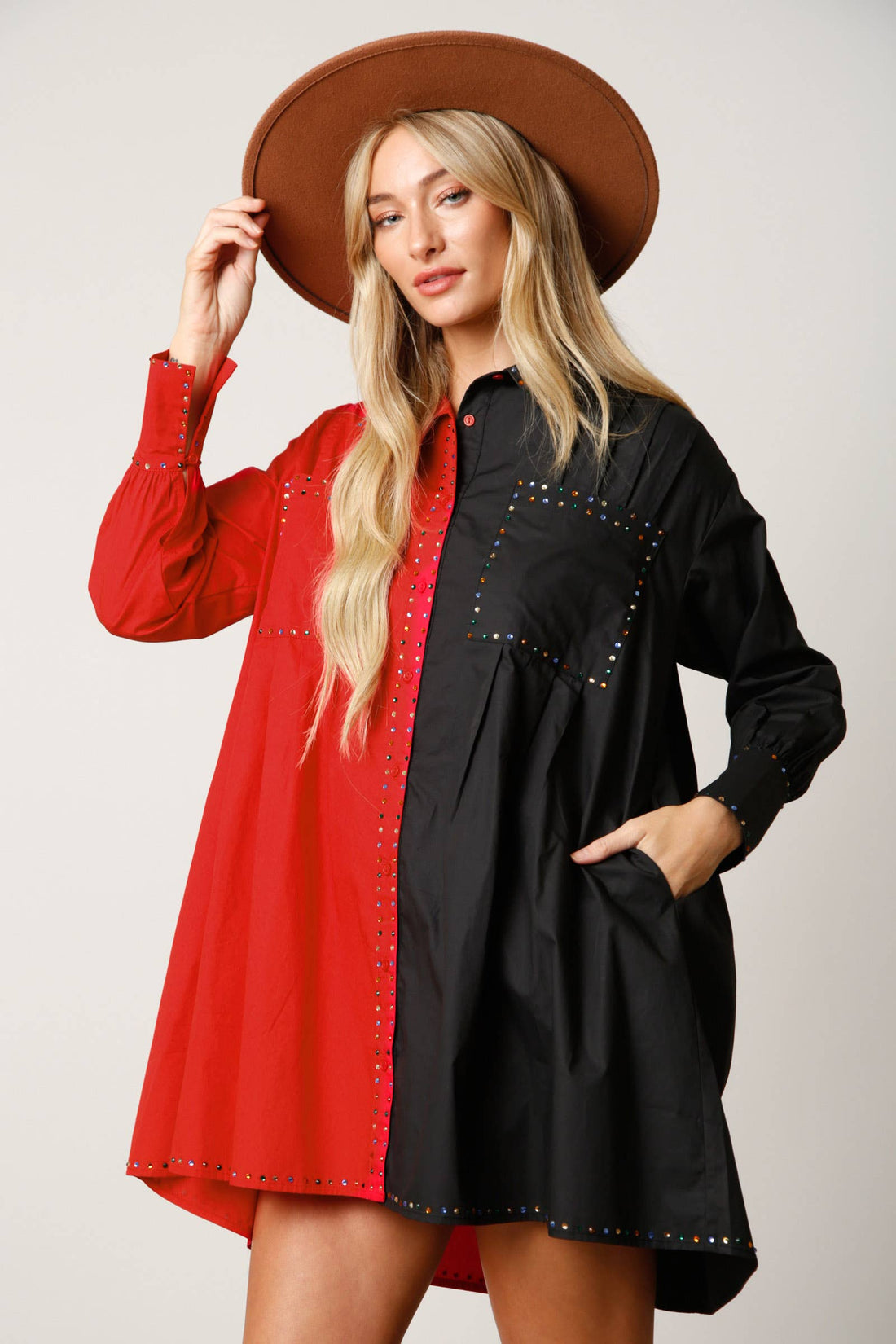 Color Block Rhinestone Shirt Dress